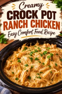 Shredded chicken in a creamy ranch sauce served in a bowl, garnished with fresh chopped parsley and black pepper.