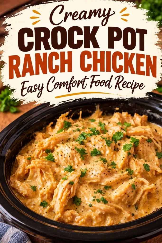 Shredded chicken in a creamy ranch sauce served in a bowl, garnished with fresh chopped parsley and black pepper.