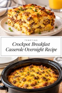 Golden brown breakfast casserole with eggs, sausage, and melted cheese served in a slow cooker with a serving spoon.