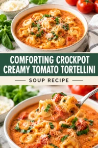 Creamy tomato tortellini soup in a white bowl, garnished with fresh parsley and grated parmesan cheese on a tabletop.