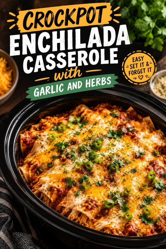 A slow cooker enchilada casserole topped with melted cheese, fresh cilantro, and chopped green onions in a ceramic pot.