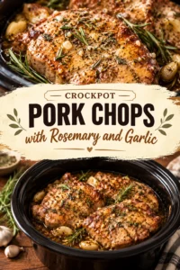 Tender slow cooker pork chops in a garlic and rosemary sauce, garnished with fresh rosemary sprigs in a pot.