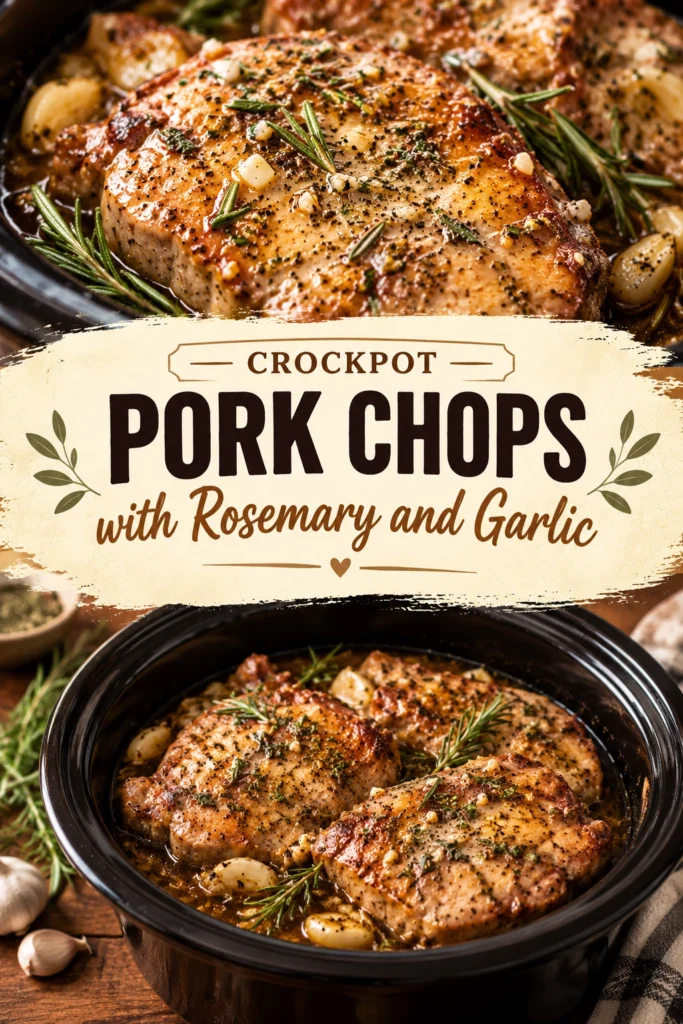 Tender slow cooker pork chops in a garlic and rosemary sauce, garnished with fresh rosemary sprigs in a pot.