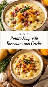 Creamy potato soup in a white bowl topped with fresh rosemary sprigs, cracked black pepper, and a swirl of cream.