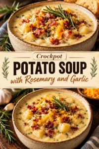 A bowl of creamy potato soup garnished with fresh rosemary and cracked black pepper, served with a side crusty bread.