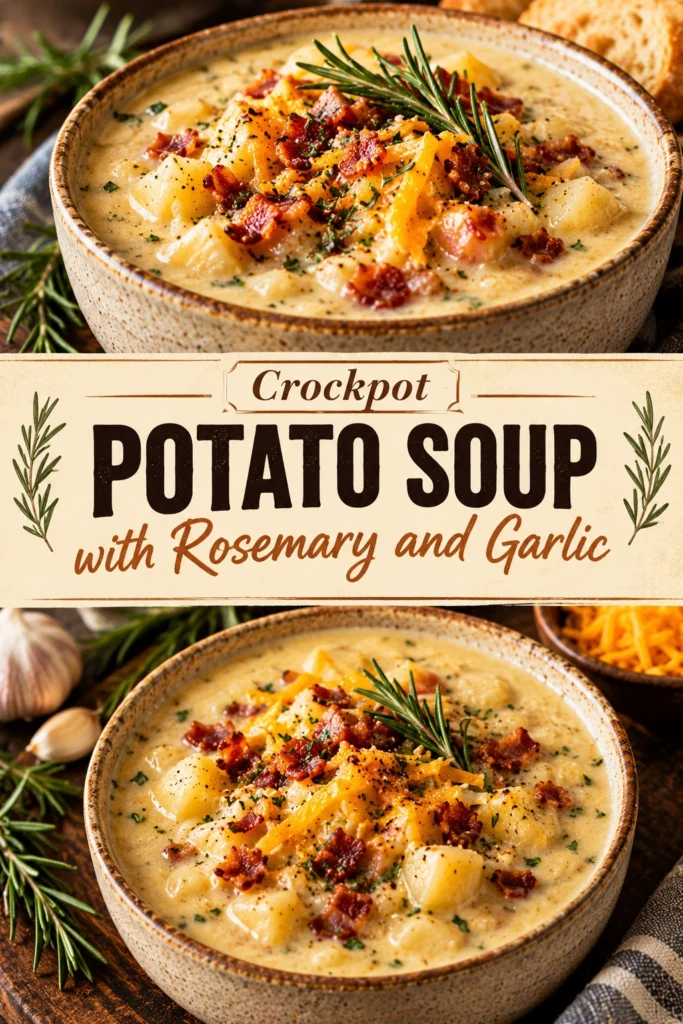 A bowl of creamy potato soup garnished with fresh rosemary and cracked black pepper, served with a side crusty bread.