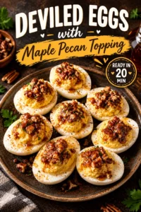 Platter of deviled eggs topped with creamy yellow filling and a garnish of crushed maple glazed pecans and parsley.