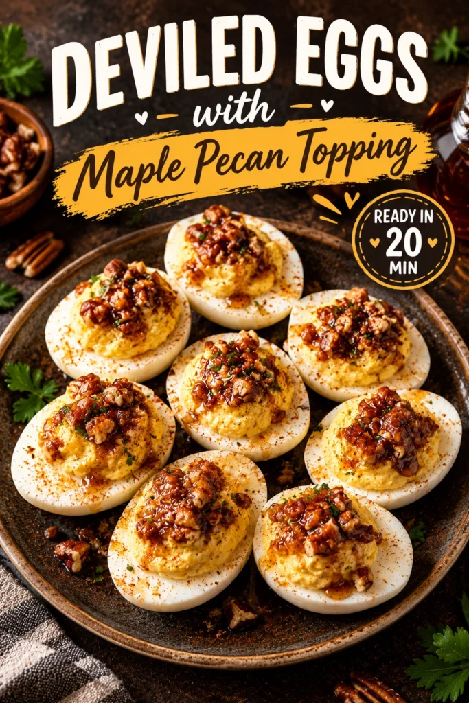 Platter of deviled eggs topped with creamy yellow filling and a garnish of crushed maple glazed pecans and parsley.