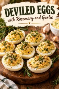 Platter of deviled eggs topped with creamy savory filling, fresh rosemary sprigs, and minced garlic on a white plate.