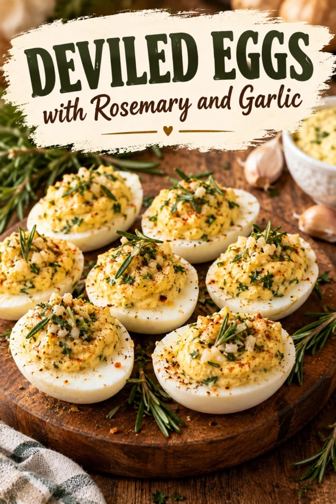 Platter of deviled eggs topped with creamy savory filling, fresh rosemary sprigs, and minced garlic on a white plate.