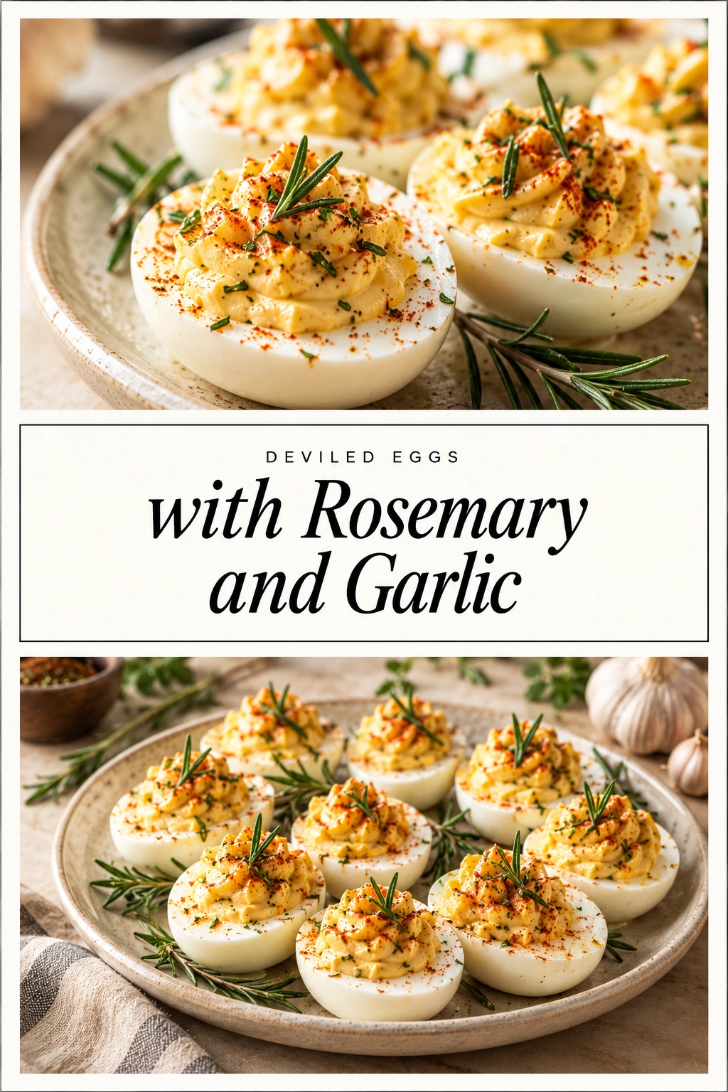 Deviled egg halves filled with creamy yolk mixture, garnished with fresh rosemary sprigs and minced garlic on a platter.