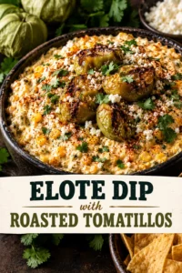 Creamy elote dip topped with roasted tomatillos, cotija cheese, chili powder, and cilantro, served with corn tortilla chips.