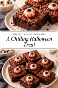 Square fudge brownies topped with white frosting and candy eyeballs, arranged on a platter for a Halloween treat.