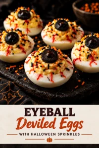 Deviled eggs topped with olive slices to look like eyeballs and colorful Halloween sprinkles on a white platter.