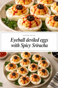 Deviled eggs topped with spicy sriracha filling and olive slices to look like eyeballs on a white platter.