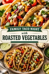 Three soft corn tortillas filled with roasted bell peppers, zucchini, and cauliflower, topped with fresh cilantro and lime wedges.