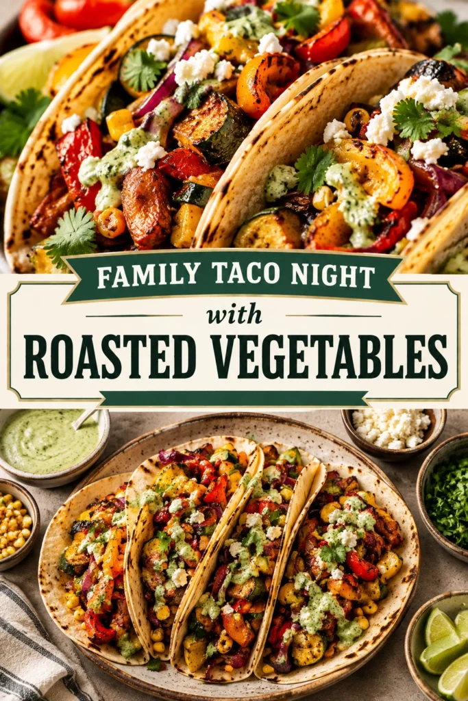 Three soft corn tortillas filled with roasted bell peppers, zucchini, and cauliflower, topped with fresh cilantro and lime wedges.