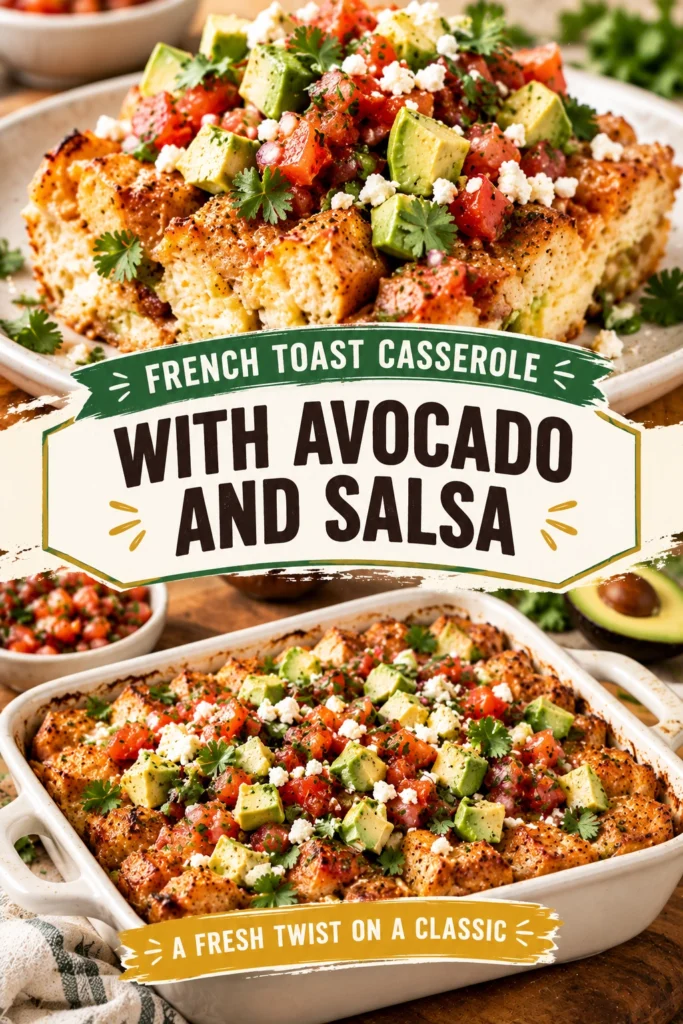 Baked savory french toast casserole topped with sliced avocado, fresh salsa, and cilantro in a white ceramic baking dish.