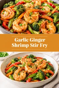 Garlic ginger shrimp stir fry with snap peas, carrots, and broccoli in a glossy sauce served over white rice.