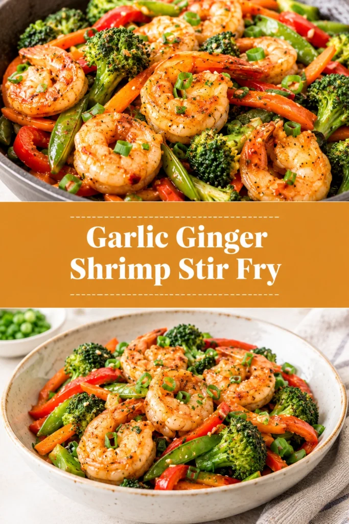 Garlic ginger shrimp stir fry with snap peas, carrots, and broccoli in a glossy sauce served over white rice.