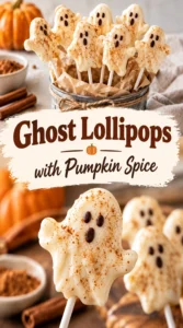 White chocolate ghost lollipops with small chocolate eyes and orange pumpkin spice sprinkles on white sticks against a neutral background.
