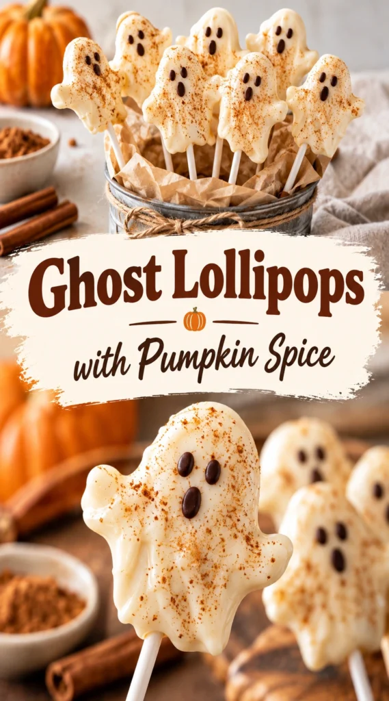 White chocolate ghost lollipops with small chocolate eyes and orange pumpkin spice sprinkles on white sticks against a neutral background.