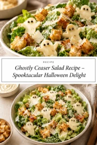 Caesar salad with romaine lettuce and parmesan, topped with mozzarella cheese slices shaped like ghosts and croutons.