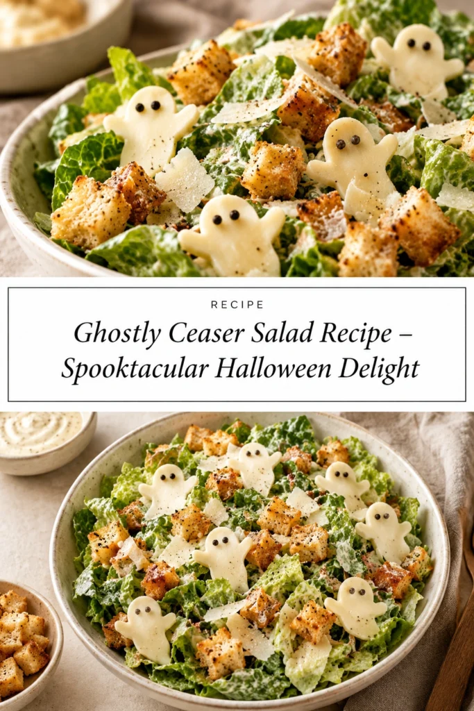 Caesar salad with romaine lettuce and parmesan, topped with mozzarella cheese slices shaped like ghosts and croutons.