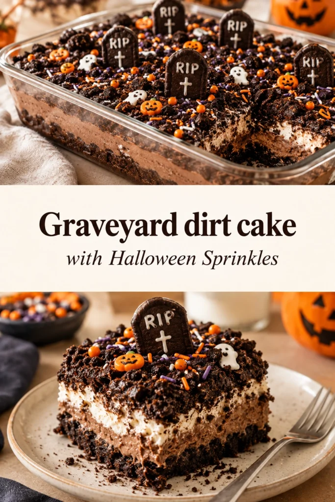 Chocolate pudding and crushed cookie dirt cake topped with Halloween sprinkles and tombstone cookies in a clear glass bowl.