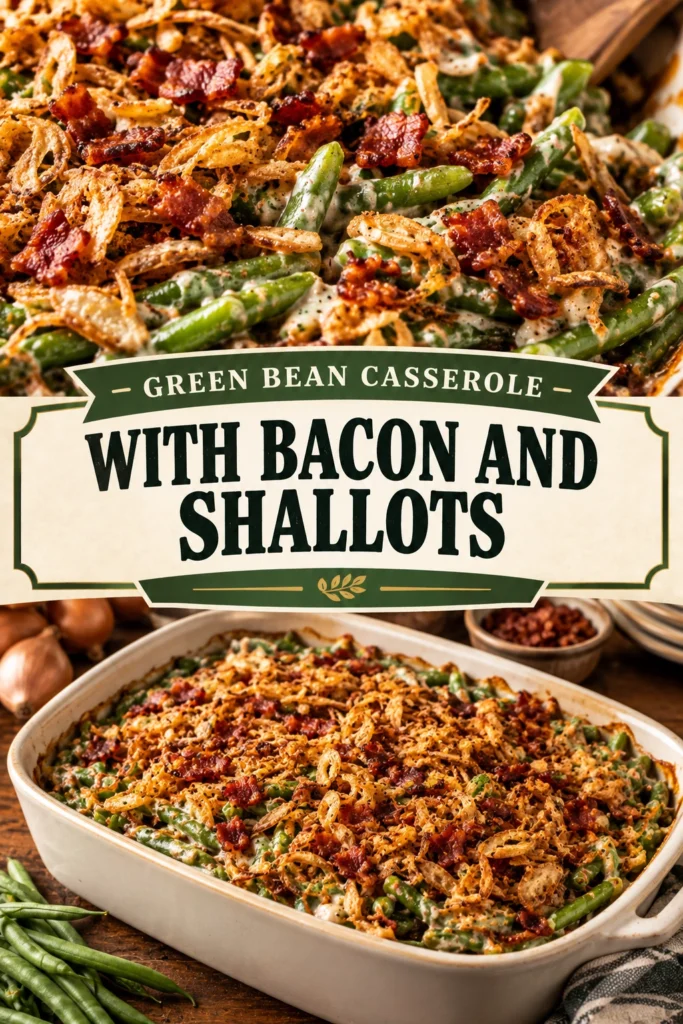 Creamy green bean casserole in a white baking dish topped with crispy bacon bits and sautéed golden shallots.