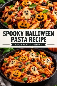 Black pasta swirls topped with mozzarella cheese and olives arranged to look like spooky ghost and spider faces.