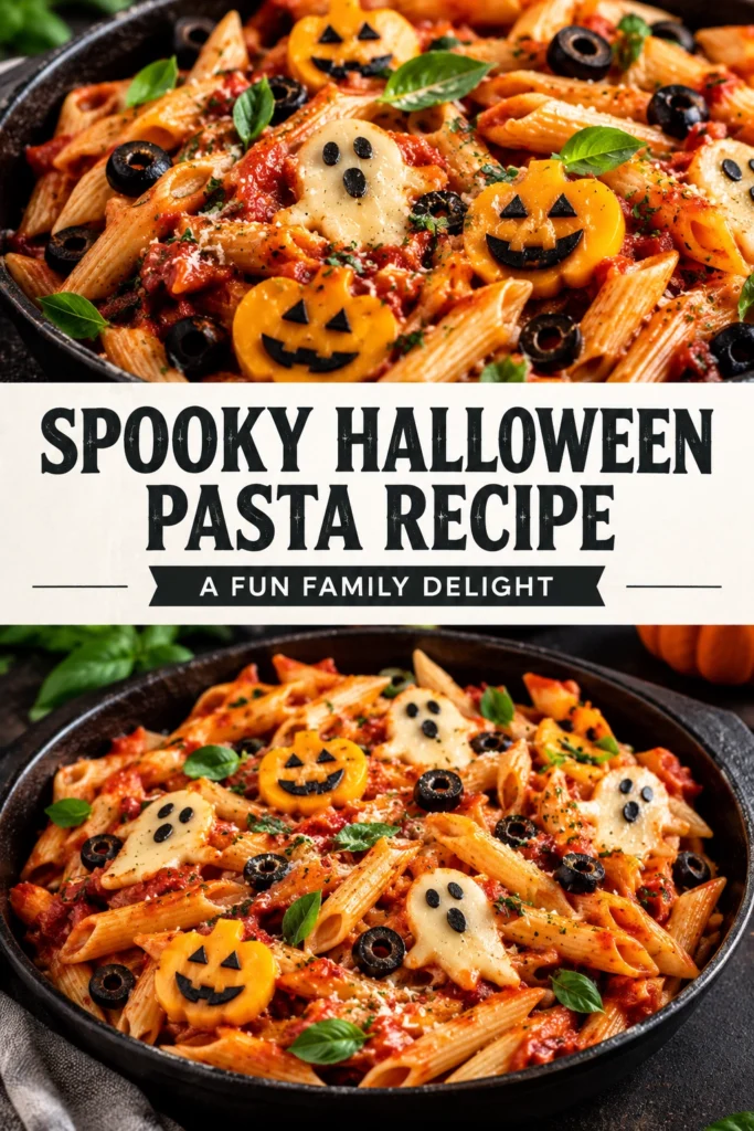 Black pasta swirls topped with mozzarella cheese and olives arranged to look like spooky ghost and spider faces.