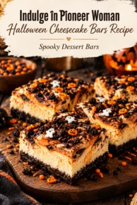 Square cheesecake bars with a dark chocolate crust and orange cream topping, decorated with small chocolate bat silhouettes.
