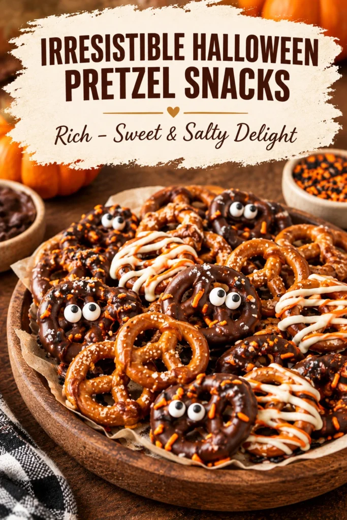 Chocolate covered pretzel twists decorated with orange and white icing, festive sprinkles, and small candy pumpkins on a platter.