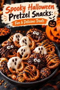 Halloween pretzel snacks featuring pretzels dipped in orange and purple chocolate, decorated with spooky candy eyes and sprinkles.