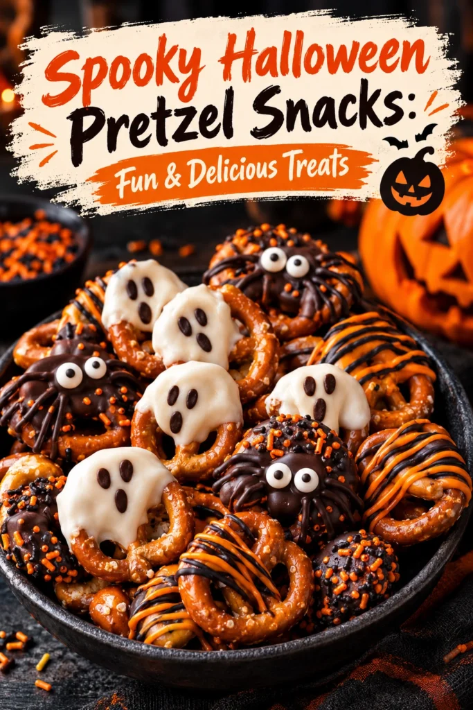 Halloween pretzel snacks featuring pretzels dipped in orange and purple chocolate, decorated with spooky candy eyes and sprinkles.