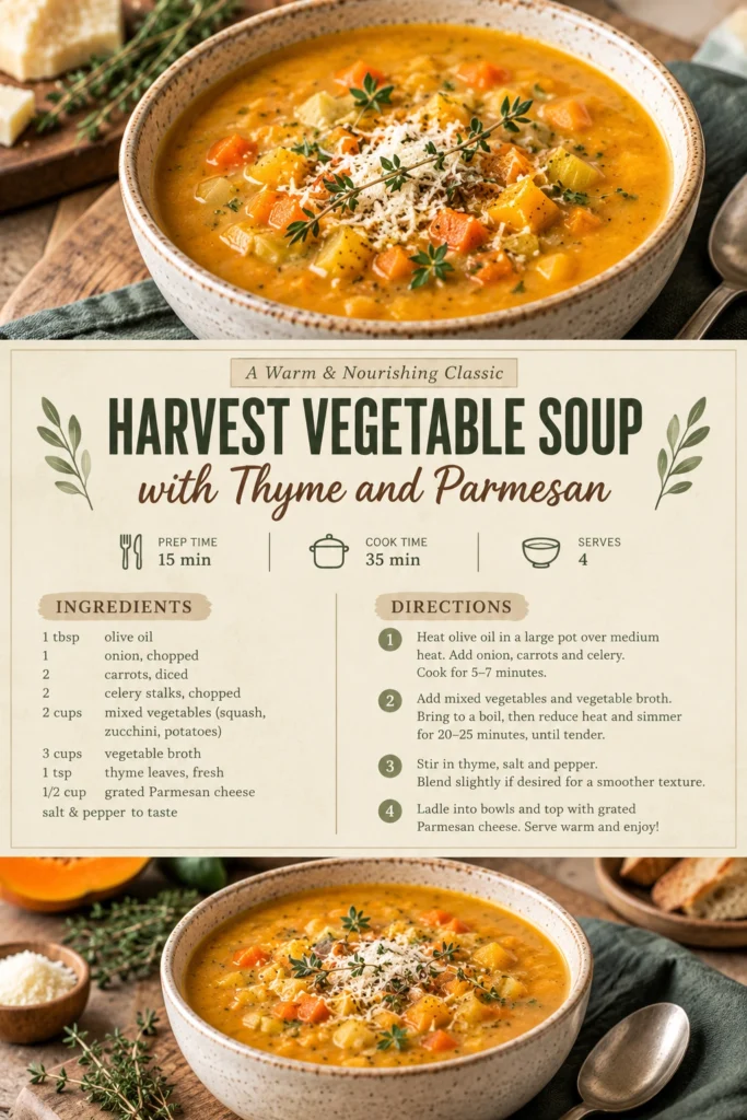 A bowl of vegetable soup with carrots, potatoes, and celery, topped with fresh thyme and grated parmesan cheese.