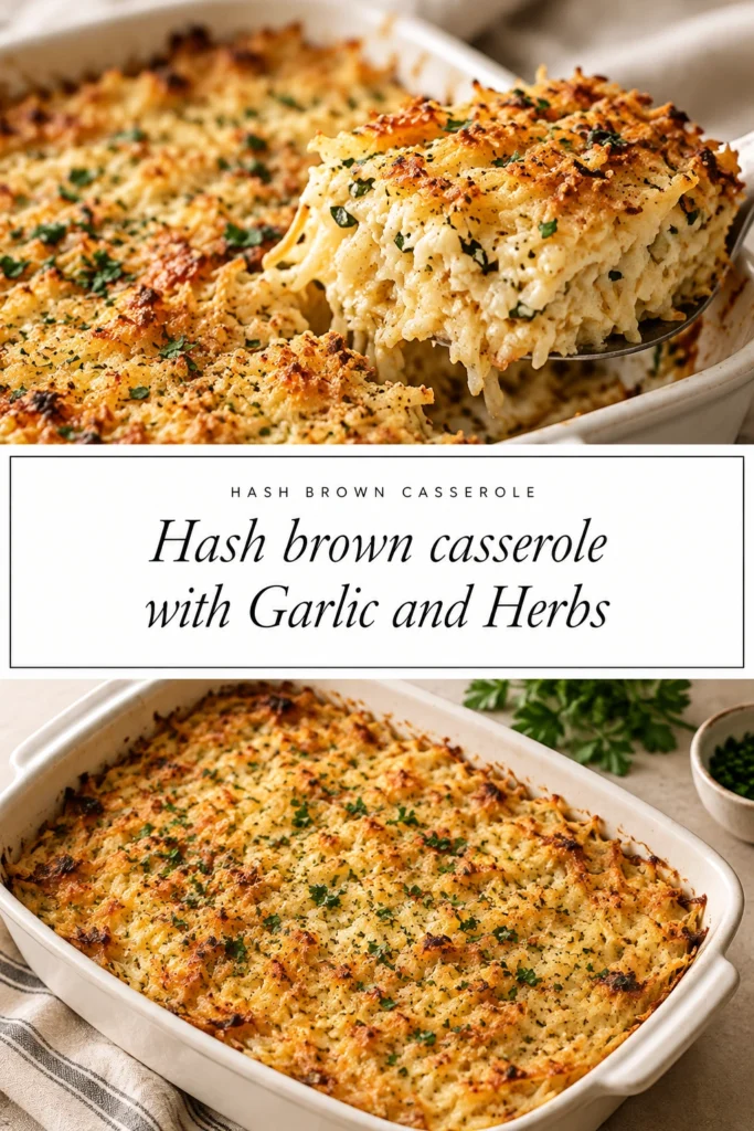Golden brown garlic and herb hash brown casserole in a baking dish, topped with melted cheese and fresh parsley.