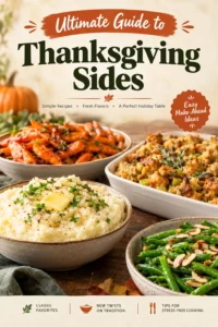 A Thanksgiving spread featuring bowls of mashed potatoes, stuffing, roasted Brussels sprouts, cranberry sauce, and glazed carrots on a table.