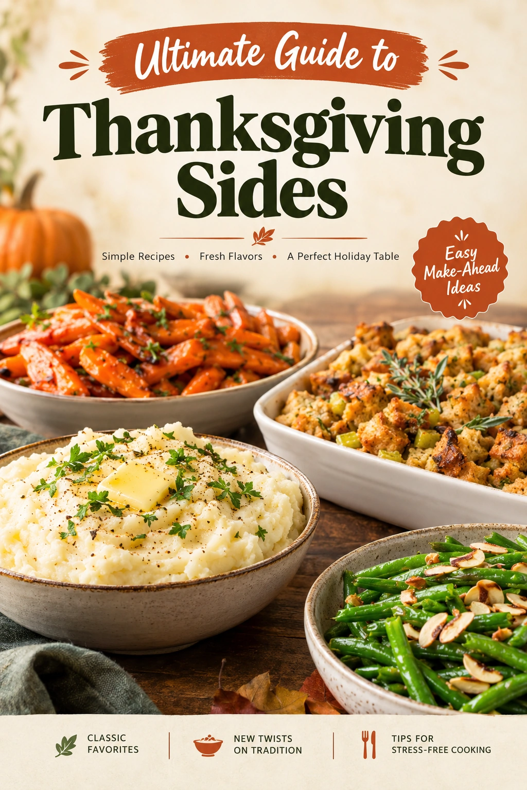 A Thanksgiving spread featuring bowls of mashed potatoes, stuffing, roasted Brussels sprouts, cranberry sauce, and glazed carrots on a table.