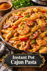 Creamy Cajun pasta with sliced chicken and bell peppers in a rich orange sauce, garnished with fresh green parsley.