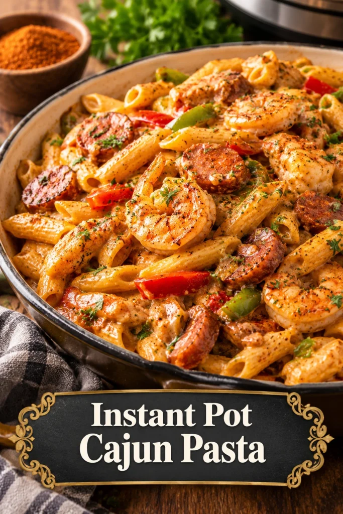 Creamy Cajun pasta with sliced chicken and bell peppers in a rich orange sauce, garnished with fresh green parsley.