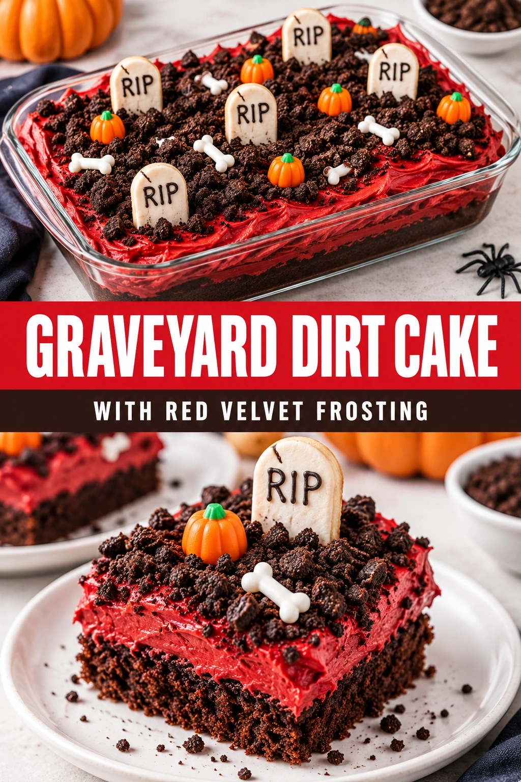 Graveyard Dirt Cake with Red Velvet Frosting | Spooky Halloween Dessert Recipe recipe