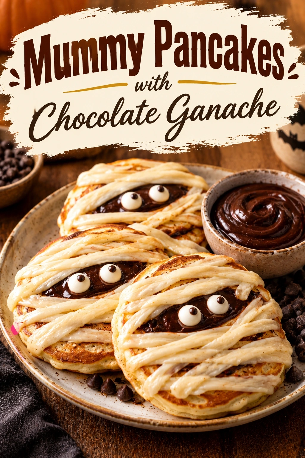 Mummy Pancakes with Chocolate Ganache | Spooky Halloween Breakfast Ideas recipe