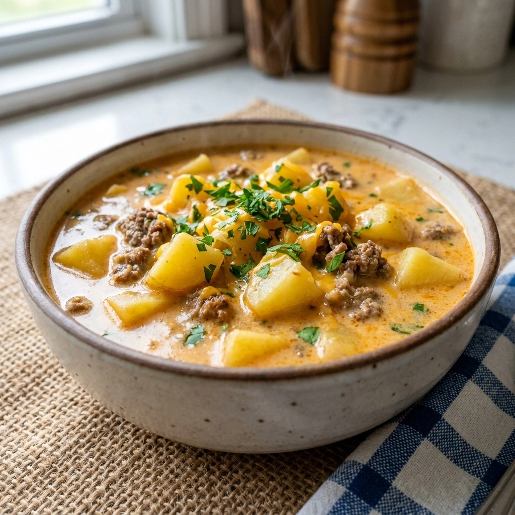 The Ultimate Cheesy Hamburger Potato Soup Recipe | Comforting Ground Beef Soup recipe