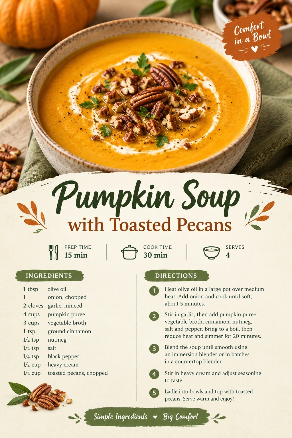 Velvety Pumpkin Soup with Toasted Pecans | Cozy Autumn Soup Recipe recipe