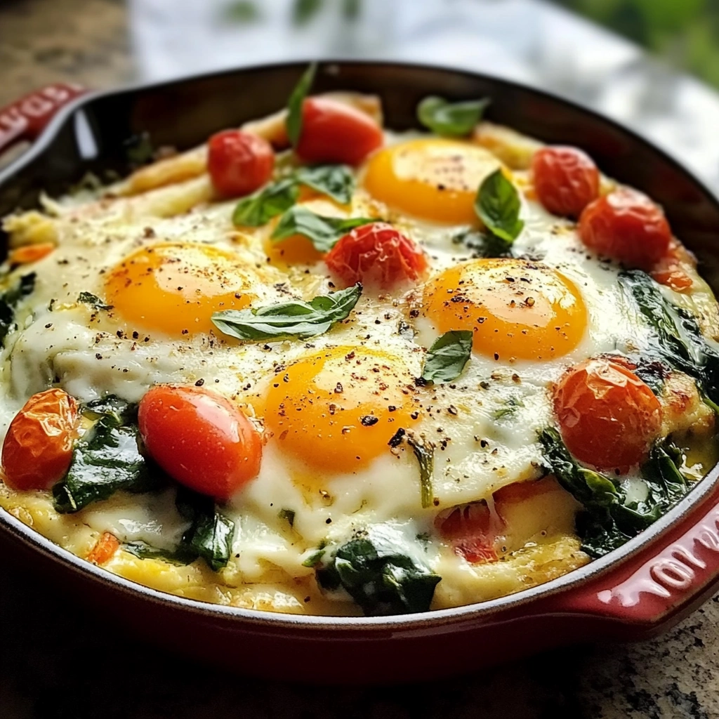 Easy Italian Baked Eggs with Spinach and Tomatoes Recipe recipe