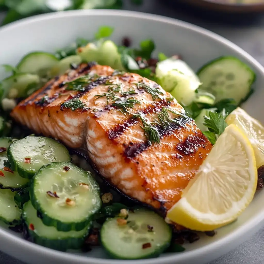Citrusy Lemon Dill Grilled Salmon + Cucumber Salad recipe