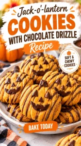 Pumpkin-shaped sugar cookies decorated as jack-o'-lanterns with orange frosting and a drizzle of melted dark chocolate on top.