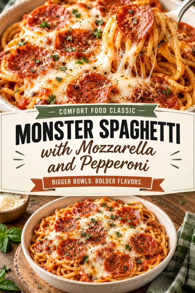 Spaghetti noodles arranged like a monster's hair with pepperoni eyes and a mozzarella cheese slice mouth on a plate.